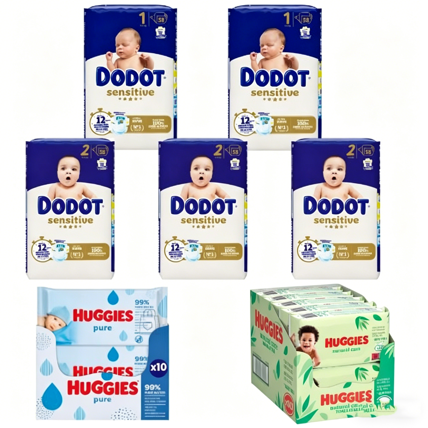 Pack Dodot Sensitive Tallas 1 y 2 (116+174 Pañales) + Toallitas Huggies Pure Aqua y Natural Care (2×560 Uds)